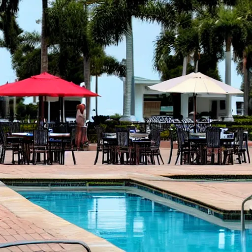 Prompt: scattered papers and cardboard boxes on chairs by the the pool at a florida country club, ap, news photo