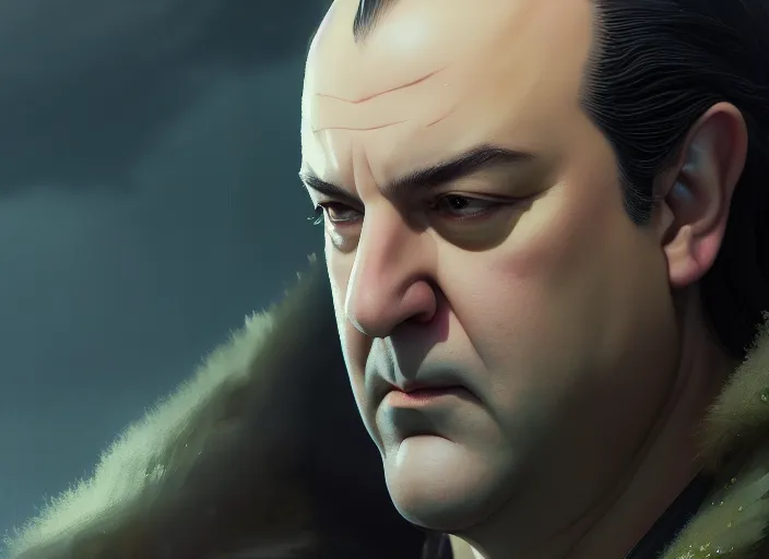 Image similar to a film still portrait of tony soprano elven king, finely detailed features, closeup of face, cinematic lighting, perfect art, night cyberpunk city, intricate, anime, gapmoe grimdark, artstation, trending on pixiv fanbox, painted by greg rutkowski makoto shinkai takashi takeuchi studio ghibli, akihiko yoshida, 4 k