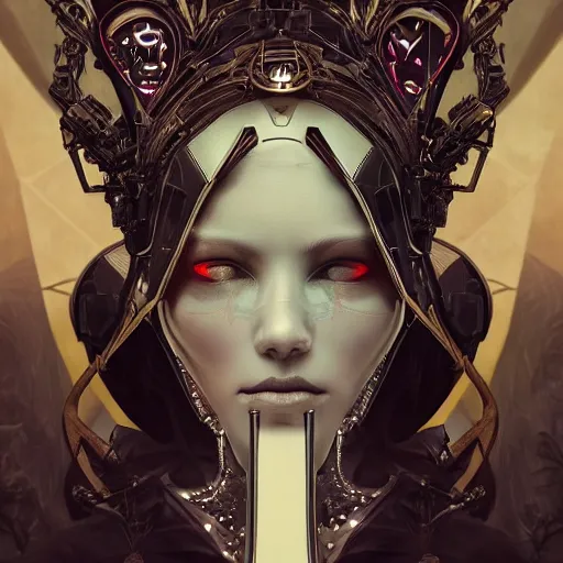 Image similar to a cyborg empress with mask, art nouveau ivory accessories, cyberpunk, darksynth, luxury, concept art by jama jurabaev, extremely detailed, ominous, ethereal, artstation, andree wallin, edvige faini, balaskas, alphonse mucha, symmetry