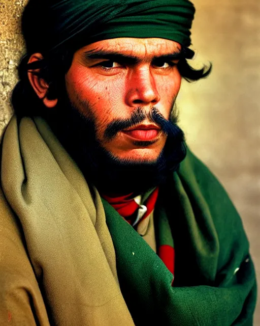 Prompt: portrait of che guevara as afghan man, green eyes and red scarf looking intently, photograph by steve mccurry