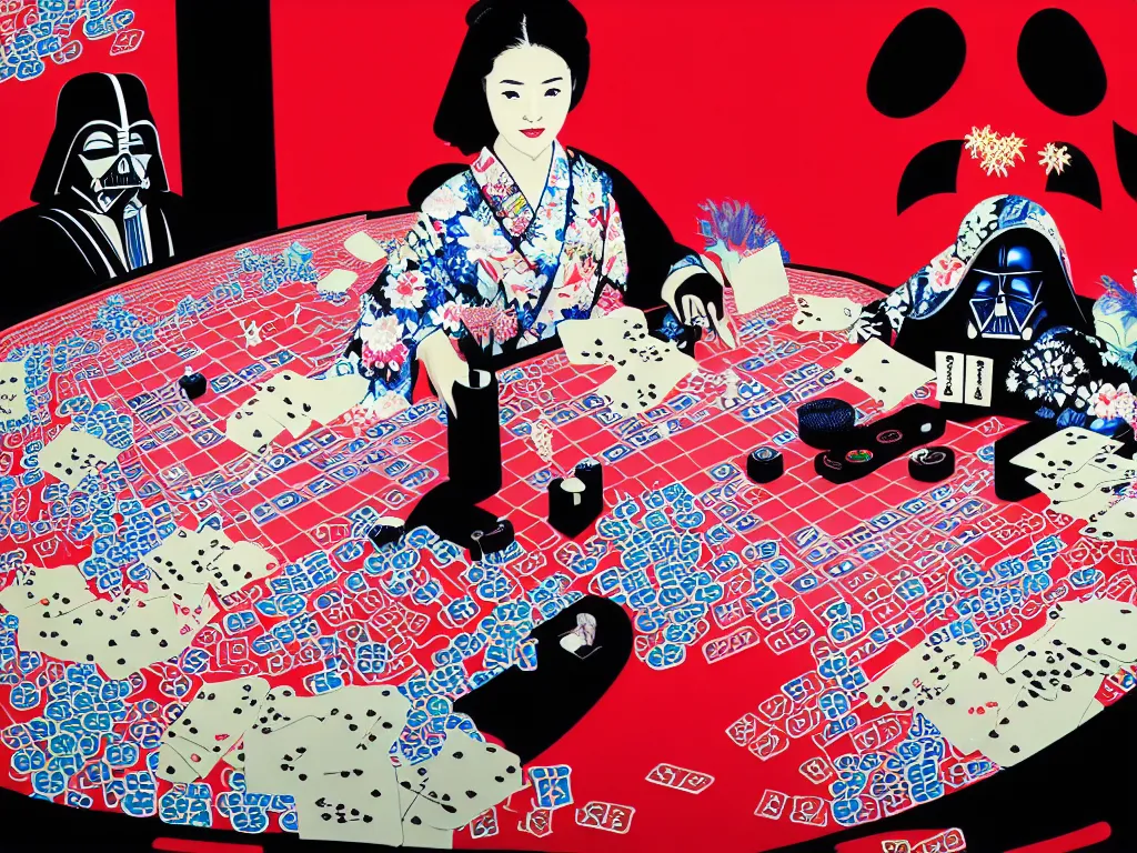 Image similar to hyperrealistim composition of the detailed single woman in a japanese kimono sitting at a extremely detailed poker table with darth vader, fireworks, river on the background, pop - art style, jacky tsai style, andy warhol style, acrylic on canvas