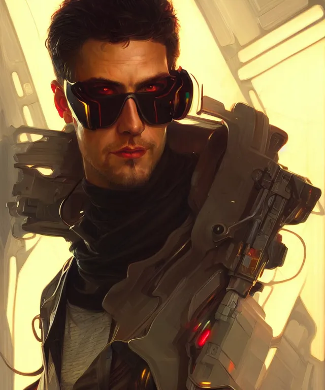 Image similar to Hacker cyberpunk man portrait, highly detailed, digital painting, artstation, concept art, smooth, sharp focus, illustration, art by artgerm and greg rutkowski and alphonse mucha