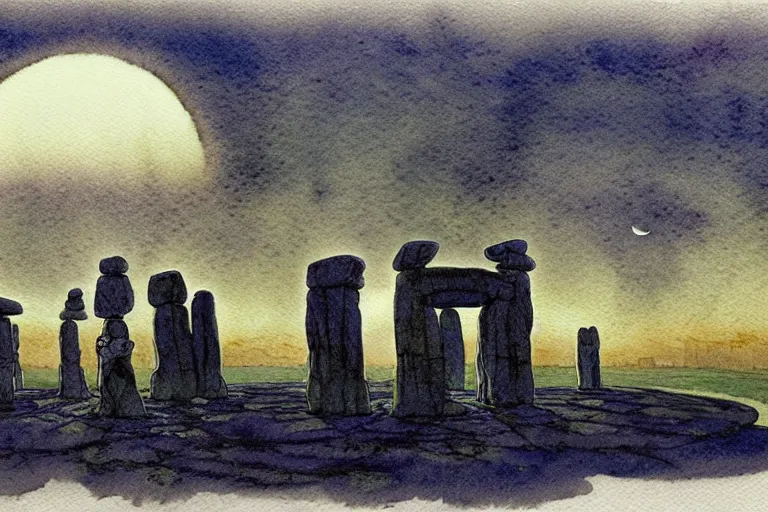 Image similar to a realistic and atmospheric watercolour fantasy concept art of a ufo landing in a floating stonehenge. medieval monk in grey robes is on his knees praying. a crescent moon in the sky. muted colors. by rebecca guay, michael kaluta, charles vess and jean moebius giraud