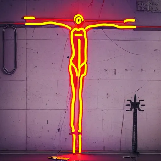 Prompt: neon cyberpunk robot crucified by matthias grunewald