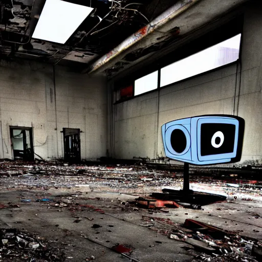 Image similar to abandoned robot factory, closed circuit tv