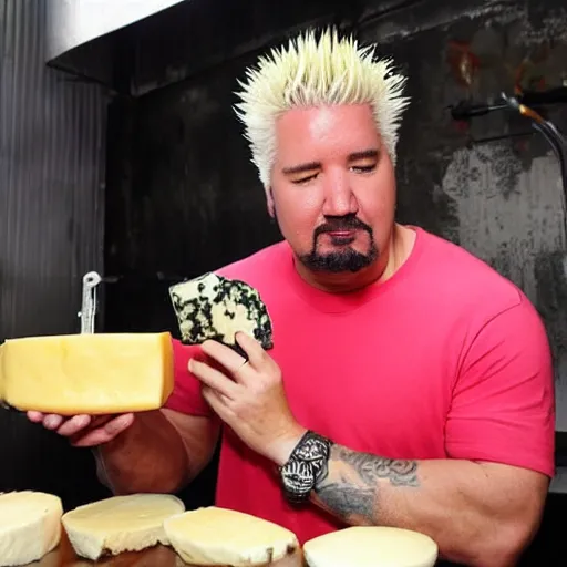 Prompt: guy fieri drinking cheese milk from the teat of a cheese goat