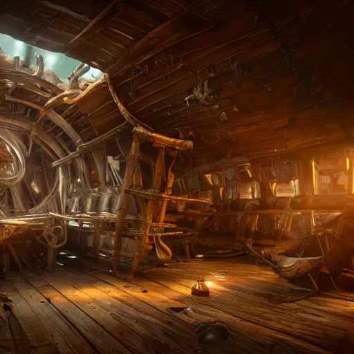 Image similar to interior of a shipwrecked pirate ship, stunning atmosphere, high octane, cinematic lighting 4 k - - aspect