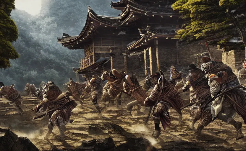 Image similar to highly detailed digital illustration of shinobi warriors running through old, ruined, japanese village from sengoku period, surrounded by dense rock formations, high in mountains, cinematic lighting, photobash, raytracing, volumetric lighting