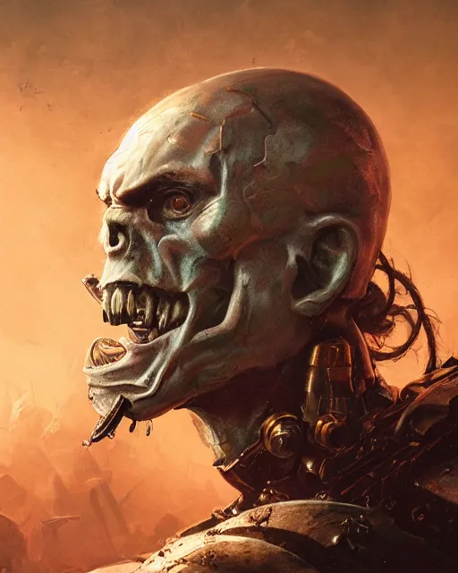 Image similar to hyper realistic portrait of warhammer machine head, cinematic, chaos marine, artstation, cgsociety, full head, greg rutkowski, james gurney, mignola, craig mullins, brom