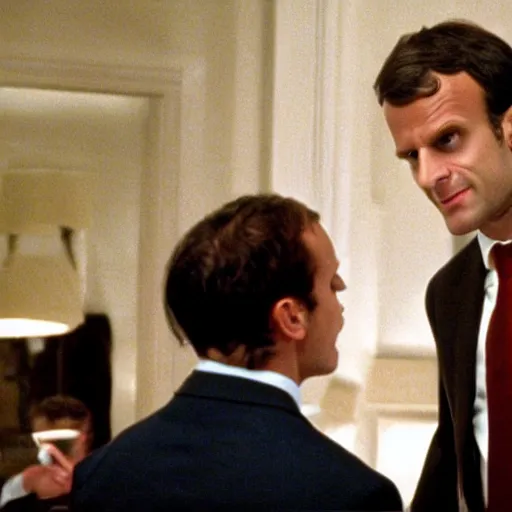 Prompt: Emmanuel Macron has an idea in American Psycho (1999)