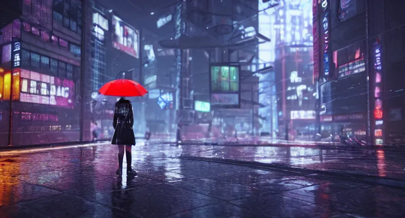 Prompt: a girl holding a umbrella in a rainy cyberpunk city, unreal engine, volumetric lighting, 4k