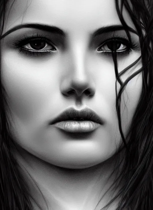 Image similar to up close portrait of a beautiful woman in black and white, photorealistic, intricate hair, art by diego fazio and diegoKoi and oscar Ukono, concept art, sharp focus, artgerm, 8k highly detailed