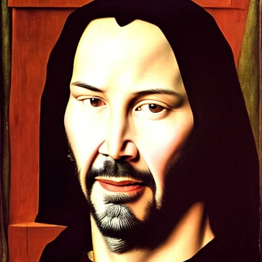 Image similar to portrait of keanu reeves, oil painting by jan van eyck, northern renaissance art, oil on canvas, wet - on - wet technique, realistic, expressive emotions, intricate textures, illusionistic detail