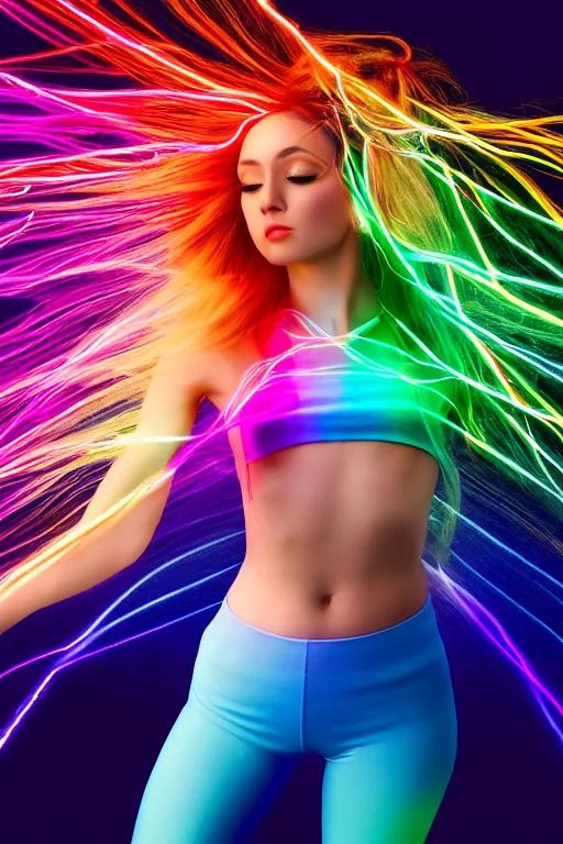 Image similar to a award winning half body portrait of a beautiful woman with stunning eyes in a croptop and leggings with reinbow colored ombre hairstyle head in motion and hair flying while dancing by thomas danthony, surrounded by whirling illuminated lines, outrun, vaporware, shaded flat illustration, digital art, trending on artstation, highly detailed, fine detail, intricate