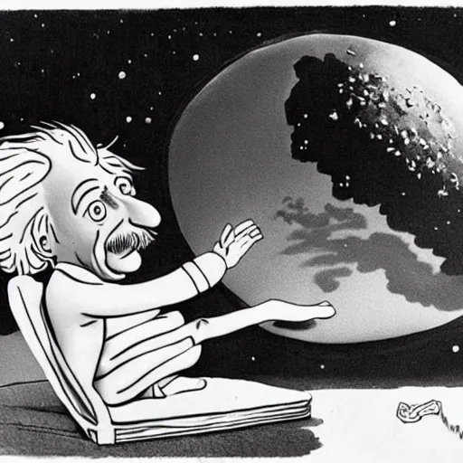 Prompt: Albert Einstein in a Bikini eating a Big Mac on the moon, high details, dali, comic, illustration