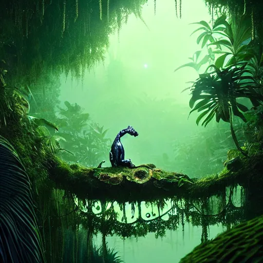 Image similar to creature in a lush vegetation at night, water reflection, bioluminescent : : by michal karcz, daniel merriam, victo ngai and guillermo del toro : : ornate, dynamic, particulate, intricate, elegant, highly detailed, centered, artstation, smooth, sharp focus, octane render, 3 d