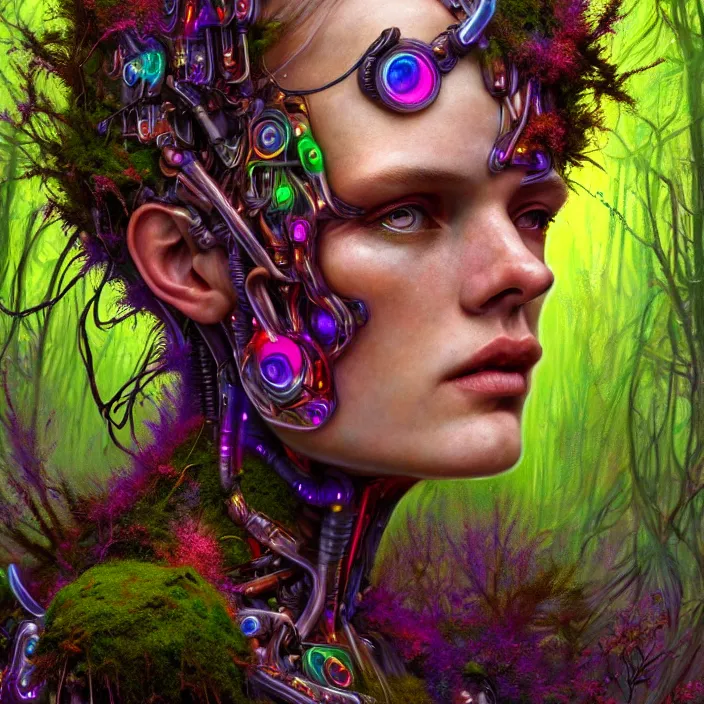 Image similar to bright psychedelic portrait of organic cyborg covered in moss in an ancient forest, diffuse lighting, fantasy, intricate, elegant, highly detailed, lifelike, photorealistic, digital painting, artstation, illustration, concept art, smooth, sharp focus, art by John Collier and Albert Aublet and Krenz Cushart and Artem Demura and Alphonse Mucha