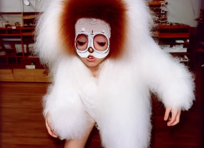 Image similar to realistic photo portrait of the person, white carnival fluffy mask no eyes no mouth, wearing hairy fluffy cotton shorts, dancing in the spacious wooden polished and fancy expensive wooden laboratory hall interior 1 9 9 0, life magazine reportage photo