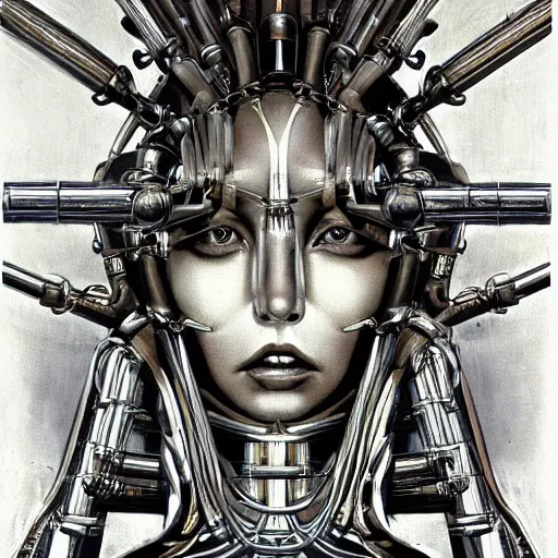 Image similar to britney spears encased in biomechanical machine, heavy conduits, complex scene, rich composition, heavy in detail, corruption, smooth, sharp focus, airbrush, illustration, symmetrical, art by h. r. giger