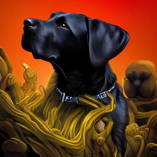 Image similar to epic album cover, black lab, tending on artstation, award - winning art