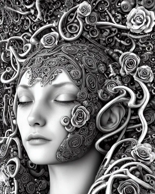 Image similar to mythical dreamy black and white organic bio-mechanical spinal ribbed profile face portrait detail of translucent steampunk beautiful female angelic-human-queen-vegetal-cyborg, highly detailed, intricate trnaslucent ivy jelly ornate, poetic, translucent roses ornate, 3D render, digital art, octane render, 8K artistic photography, photo-realistic, by Dora Maar