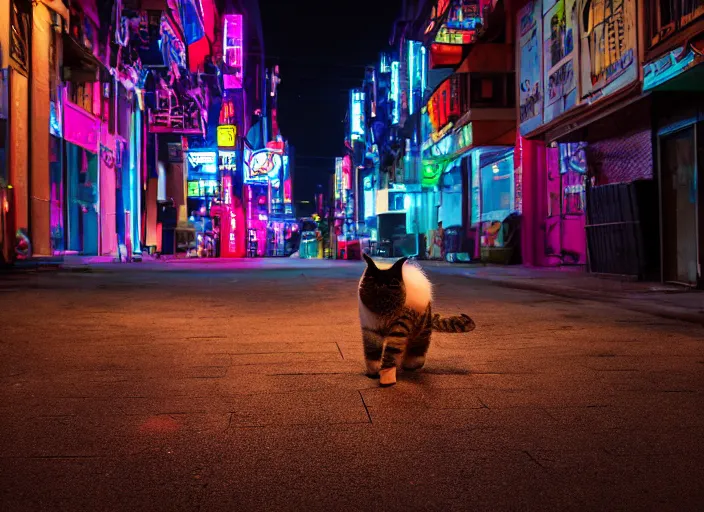 Prompt: photography of a Cat carrying a backpack . in a cyberpunk street. award winning photo, led lighting, night, 24mm, sharp, high res