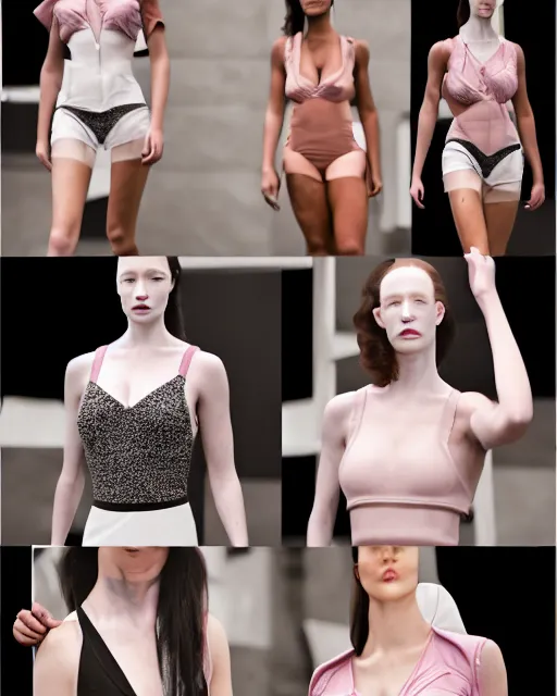 Prompt: multi panel storyboard of olivia wearing different outfits, runway model at new york fashion week, fit curvy physique, black hair, freckles, pale skin, multiple angles, photo by greg rutkowski, stage lighting, soft colors, female beauty, intricate detail, elegance, 3 5 mm, depth of field, masterpiece