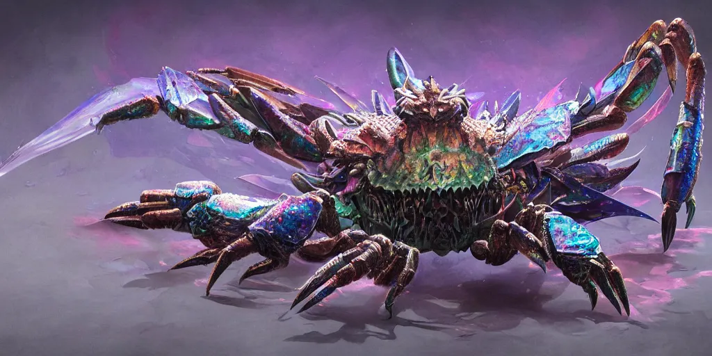 Image similar to Iridescent crab seamonster, character design sheet, Monster Hunter Illustrations art book, diamond sharp claws, huge arms, iridescent shards on its back, Moebius, Greg Rutkowski, Zabrocki, Karlkka, Jayison Devadas, Phuoc Quan, trending on Artstation, 8K, ultra wide angle, zenith view, pincushion lens effect.