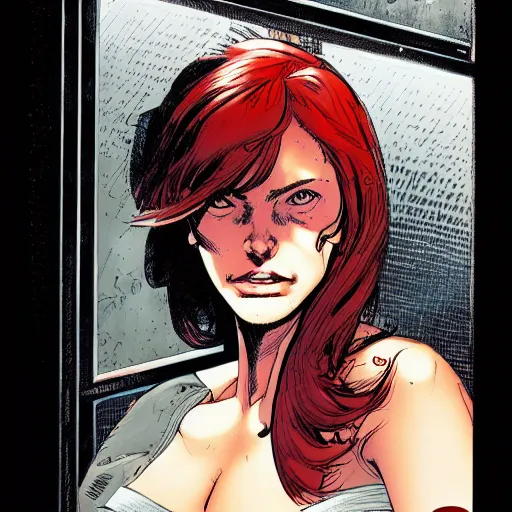 Prompt: a beautiful comic book illustration of a red headed woman with shirt and jeans looking through a glass panel by Jerome Opeña, featured on artstation