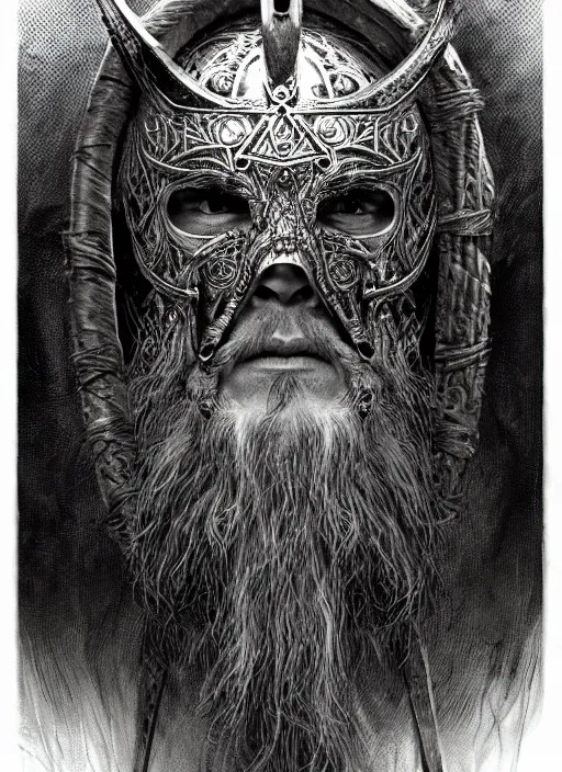 Image similar to viking shaman wearing a skull mask and wearing a cloak, engraving, concept art, elden ring, illustration, smooth, sharp focus, by gustave dore and greg rutkowski, hyper realistic face, piercing eyes, fantasy art, in the style of midjourney, intricate, alphonse mucha, hyper detailed