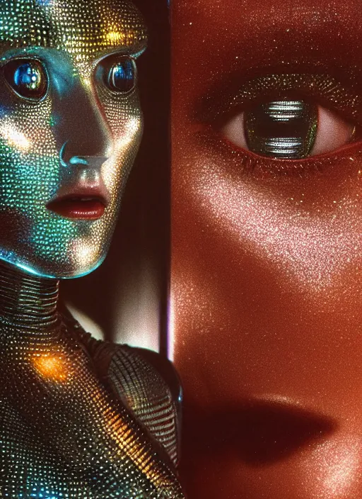 Prompt: hyper realistic and detailed closeup photo of a chrome female android with segmented iridescent scales and inner light in blade runner by annie leibovitz