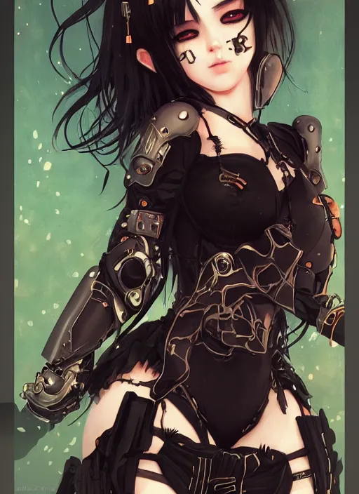 Image similar to portrait of beautiful young gothic anime maiden in bikini armor, cute-fine-face, pretty face, realistic shaded Perfect face, fine details. Anime, cyberpunk, highly detailed, artstation, illustration, art by Ilya Kuvshinov and Gustav Klimt