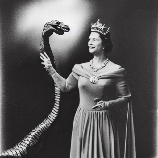 Image similar to queen elizabeth as a young woman commanding a dinosaur to kneel and be knighted.