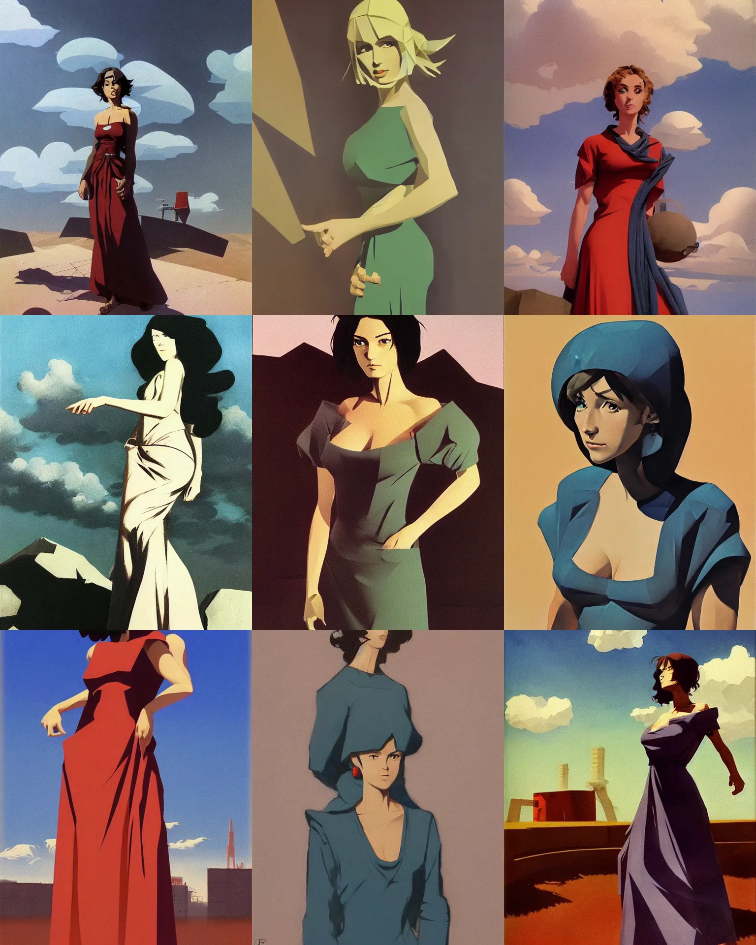 Image similar to woman portrait, female figure in maxi dress, sky, thunder clouds modernism, low poly, low poly, low poly, industrial, soviet painting, social realism, barocco, Frank Frazetta, Dean Ellis, Detmold Charles Maurice, 1993 anime,