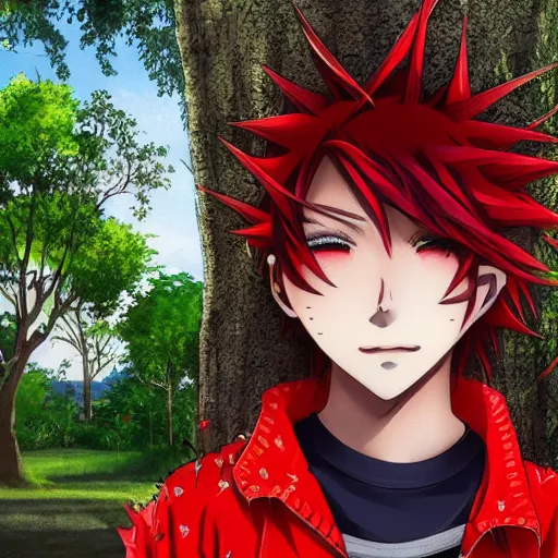 Prompt: red - haired anime boy, 1 7 - year - old anime boy with wild spiky hair, wearing red jacket, standing under tree house in city plaza,, ultra - realistic, sharp details, subsurface scattering, intricate details, hd anime, 2 0 1 9 anime