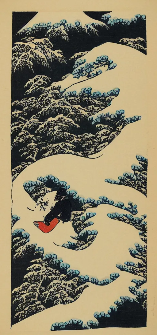 Image similar to man snowboarding carving tracks woodblock print, style of hokusai, fine art, style of kanagawa, winter painting