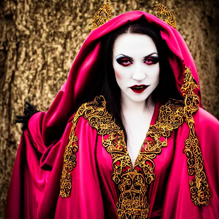 Prompt: professional photograph of a beautiful vampire queen with ornate robes. extremely detailed. dslr. 5 0 mm 8 k