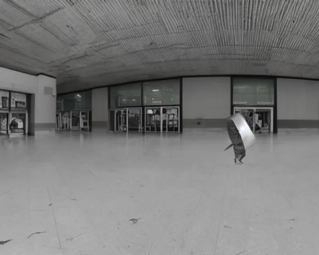 Prompt: camera footage of a giant Mantis in an abandoned shopping mall, high exposure, dark, monochrome, camera, grainy, CCTV, security camera footage, timestamp, zoomed in, fish-eye lense, Preying Mantis,