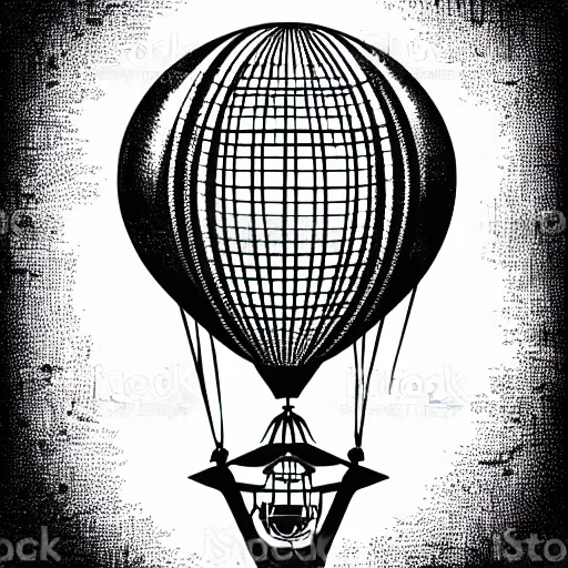 Prompt: steampunk air balloon over fantasy landscape, vector art, line art, engraving illustration