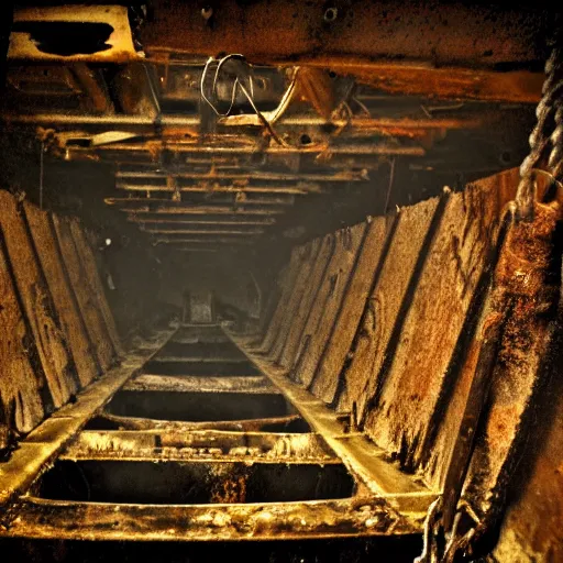 Image similar to the interior of a flooded rusty shipwreck, dark, scary lighting, scary, creepy, eerie, horror, submechanophobia, murky water, underwater photograph,