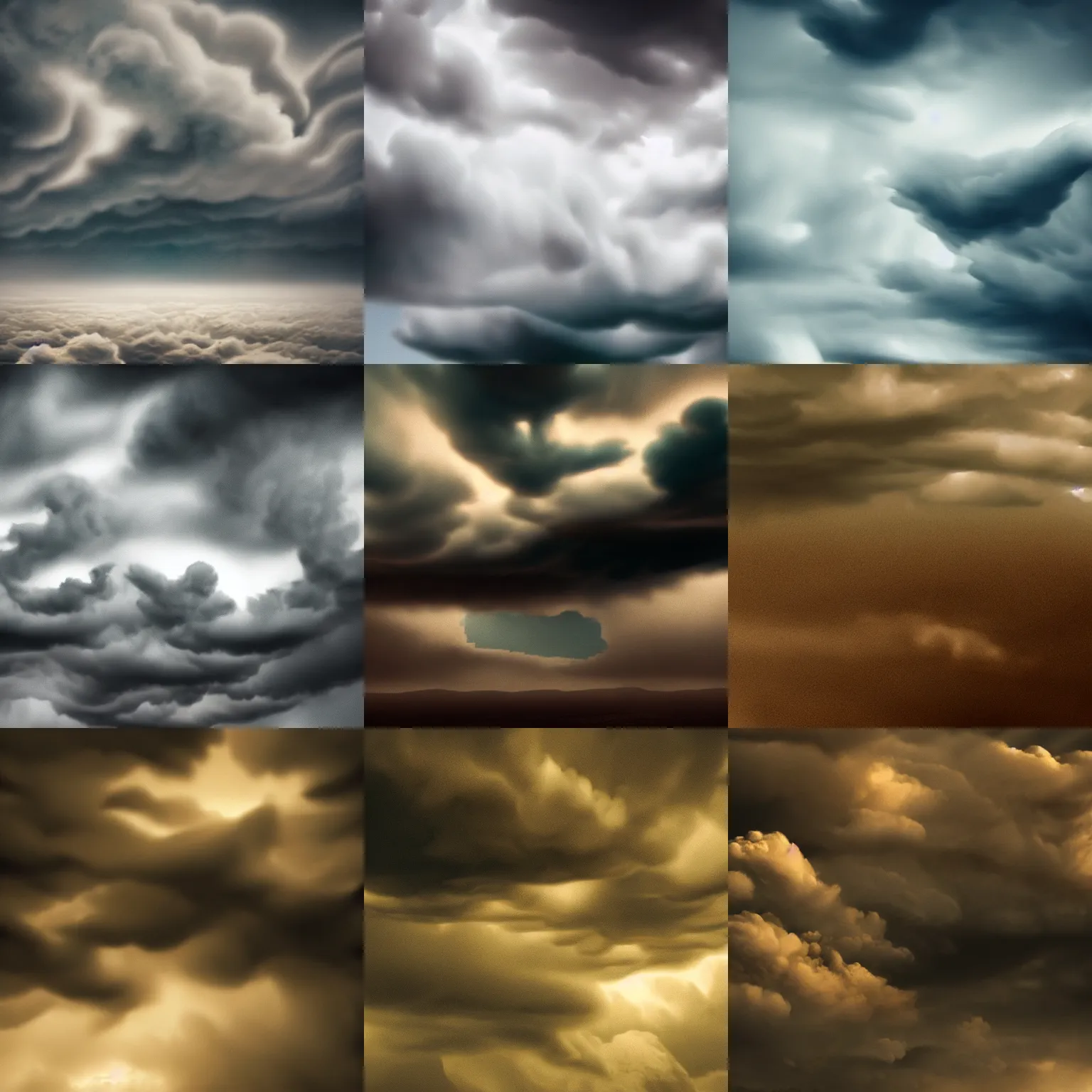 Prompt: a cinematic shot of turbulent clouds. hyperrealistic. dramatic lighting. sepia and dark teal. trending on artstation