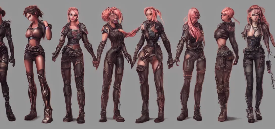 Image similar to character sheet concept art of female video game characters, renaissance, futurepunk, bright, parkour, rebel, realistic, hyper realistic, photographic, costume, by marc brunet and artgerm