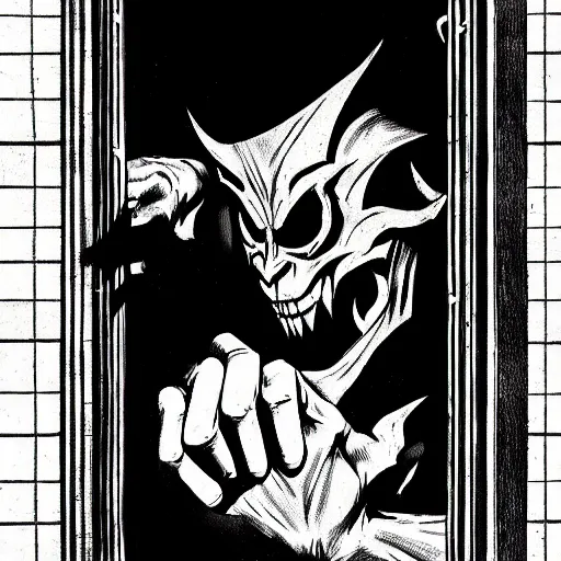 Prompt: a shadow lurker creeping threw a window wearing a demon mask holding his hand out, comic book, dark, detailed, hyper - realistic, shadows