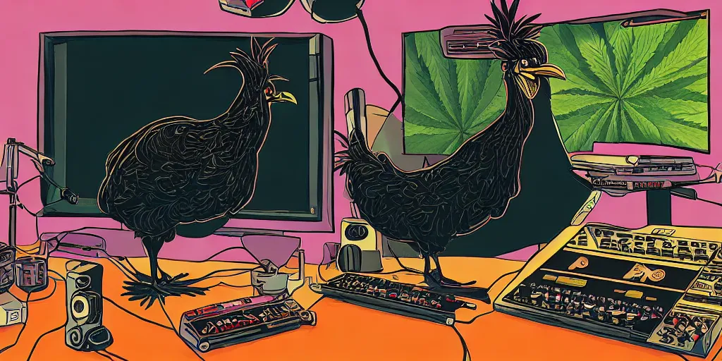 Image similar to 'black chicken'!!! smoking 'cannabis'!!!!!! in front of 'audio console'!!!! and 'multi monitors'!!!! 'in a hi-tech tv broadcasting studio'!!!!, artwork by James Gilleard