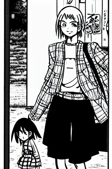 Image similar to adult girl short hair is walking to school, black and white artwork in manga style, made by toriyama akira, intricate, comic page