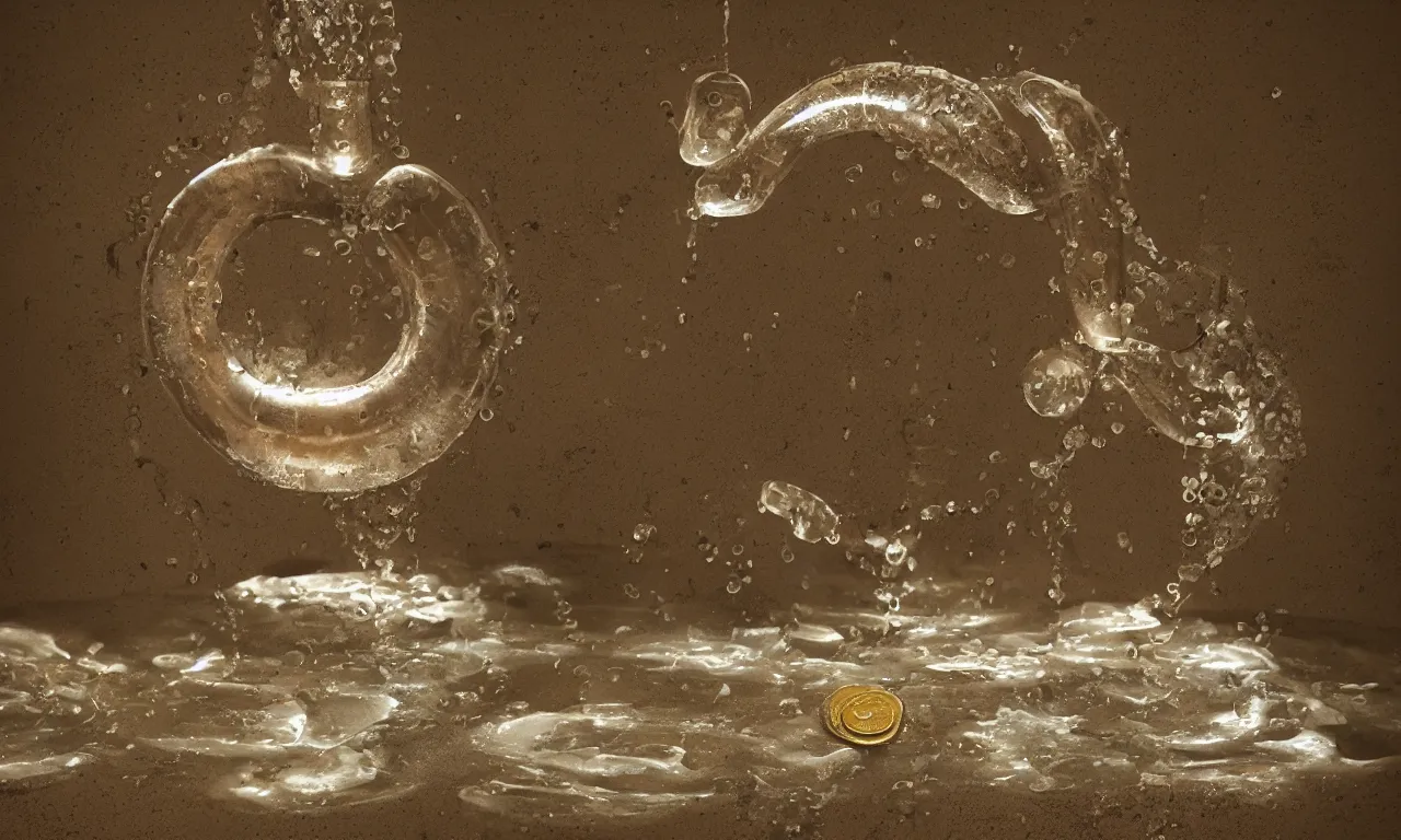 Prompt: a stream of water entering a machine made from organ shaped amphoras and producing a coin in the style of a medical diagram, 8k, octane , isometric