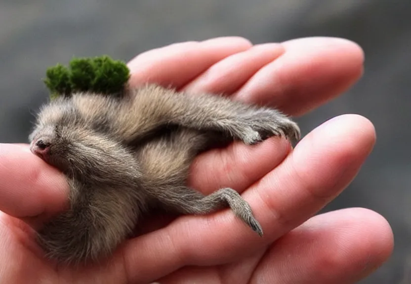 Prompt: a tiny creature resting in the palm of your hand. giant hand, little critter. sleepy, calm, relaxed, tranquil, 😴😪