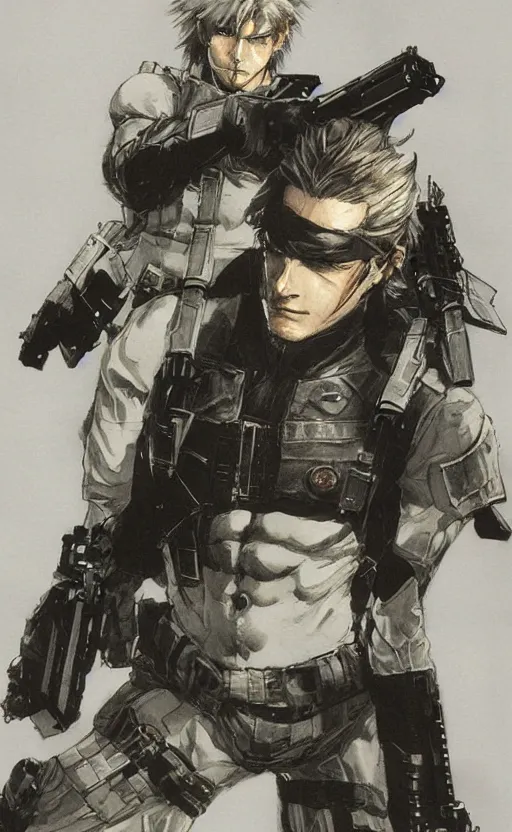 Image similar to solid snake by yoshitaka amano, final fantasy metal gear cover art, concept art