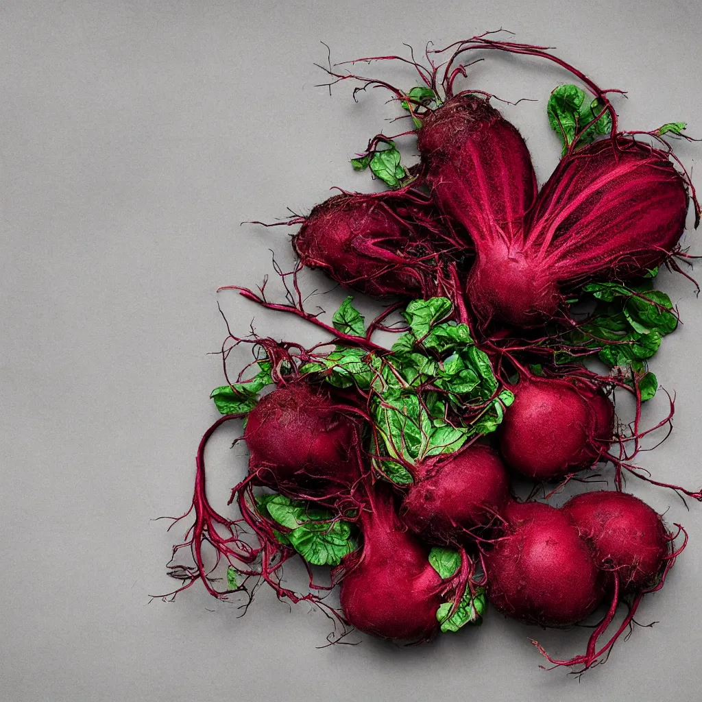 Prompt: embroidered beetroot with fractal roots, black, white and red, food photography. post - production : super detailed : masterpiece