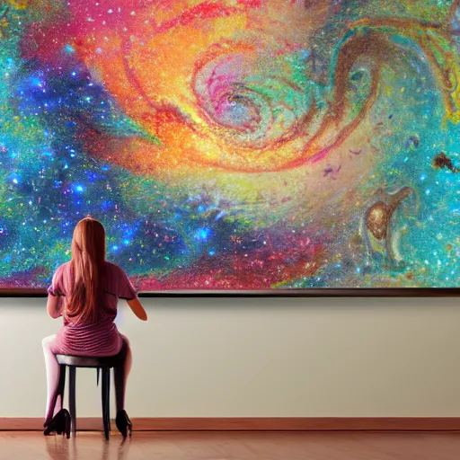 Image similar to a beautiful painting of a cute lady cartographer looking over a large paper map of galaxy spiral psychedelic human consciousness. the map is resting on a wooden table. digital art painting featured on artstation